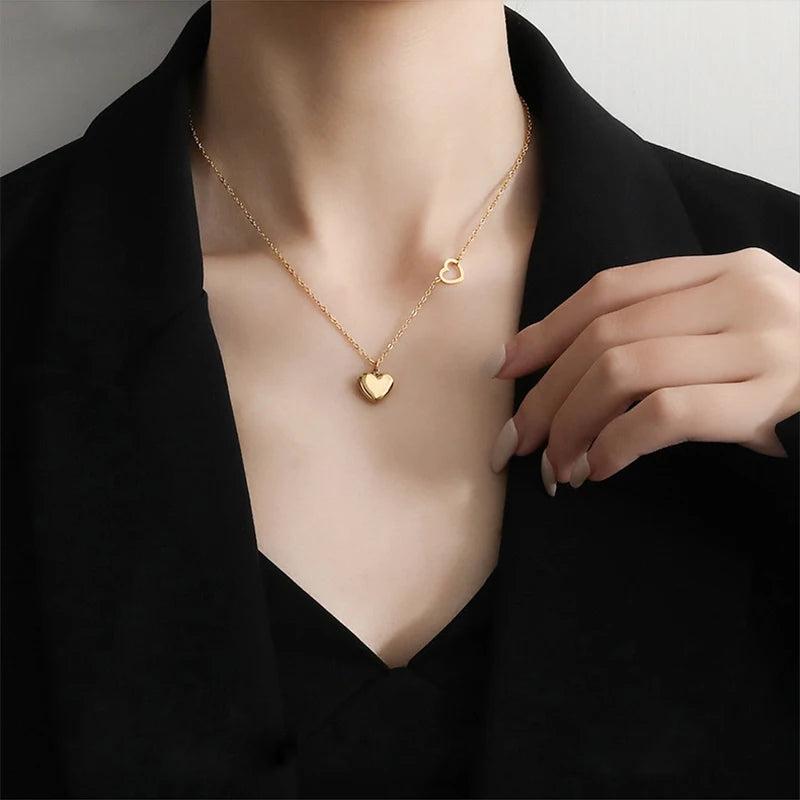 Women Choker Clavicle Chain Stainless Steel Heart Pendant Charm Necklace