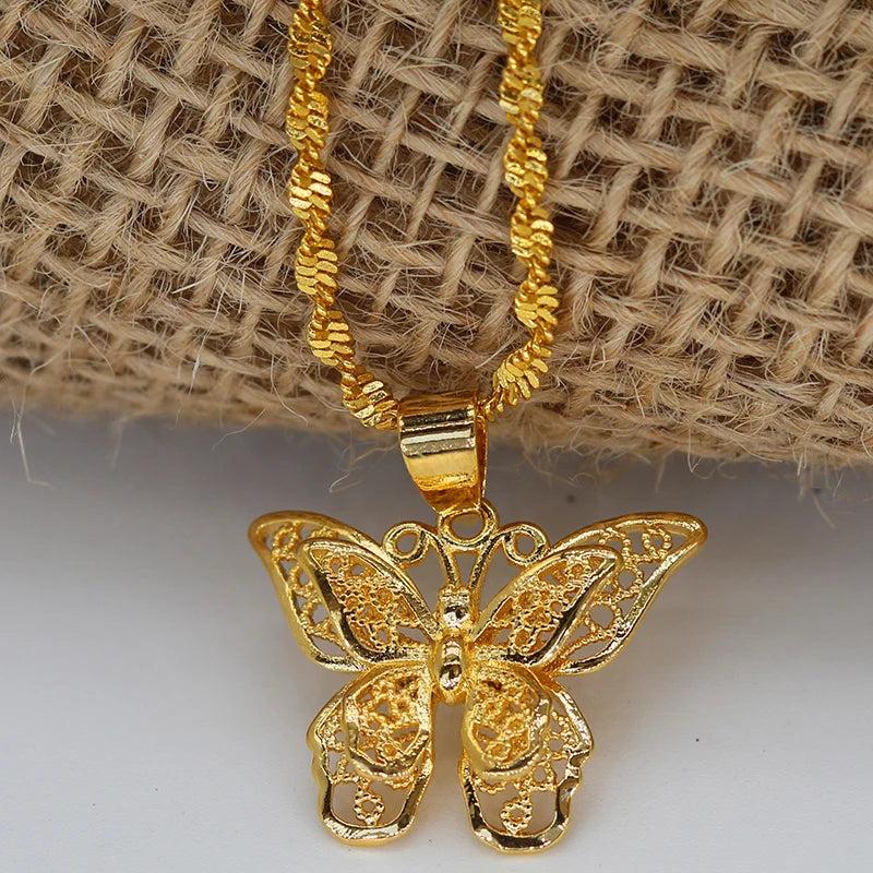 24k Butterfly Pendant Necklace for Women, Water Wave Chain Jewelry