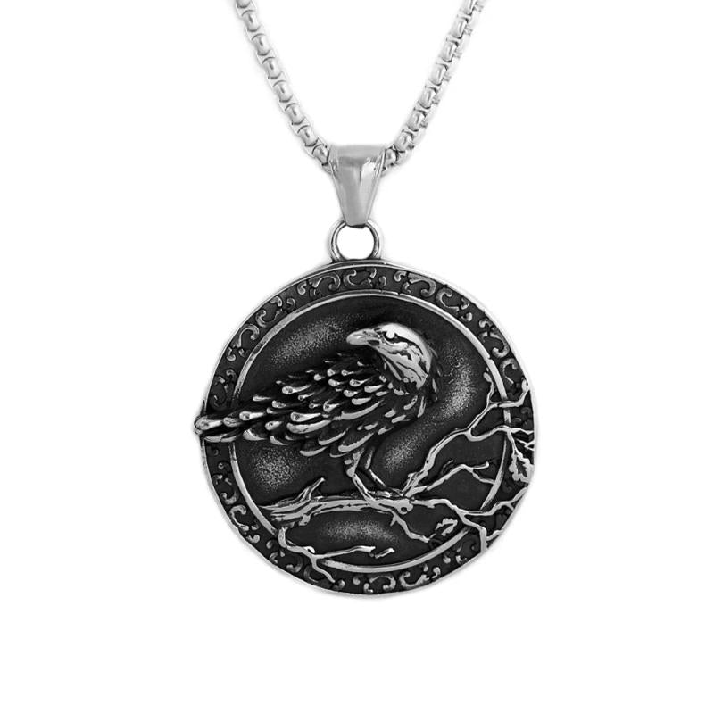 Viking 3D Crow Pendant Stainless Steel Punk Compass Necklace