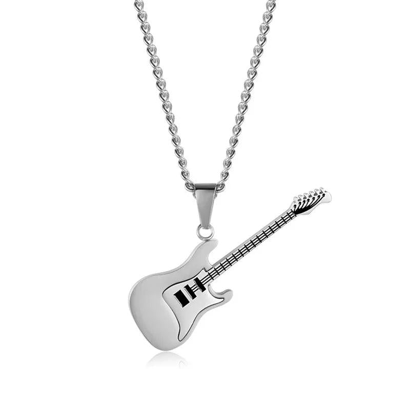 Hip Hop Silver Stainless Steel Guitar Pendant Necklace