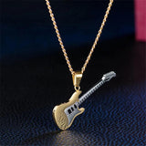 Hip Hop Silver Stainless Steel Guitar Pendant Necklace