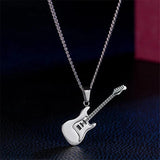Hip Hop Silver Stainless Steel Guitar Pendant Necklace