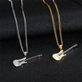 Hip Hop Silver Stainless Steel Guitar Pendant Necklace
