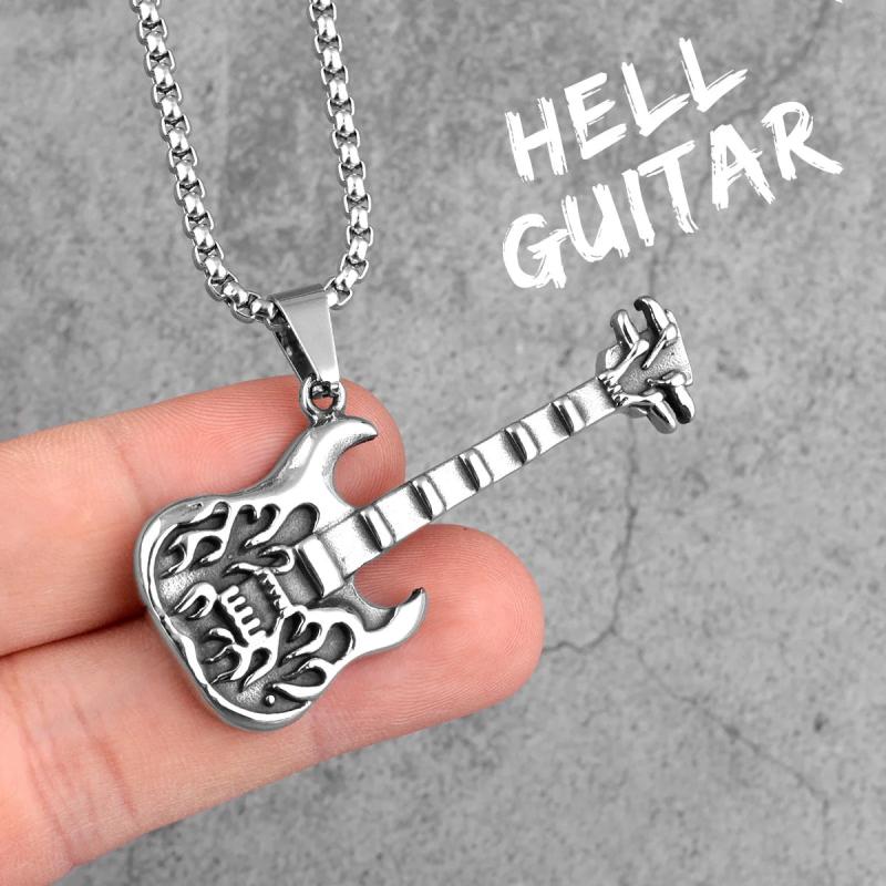 Rock Guitar Pendant Necklace Long Chain Stainless Steel
