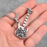 Rock Guitar Pendant Necklace Long Chain Stainless Steel