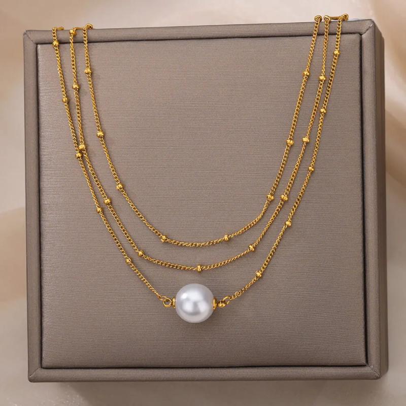 Simulated Pearl Choker Necklace Stainless Steel Chain Hip Hop Punk Jewelry