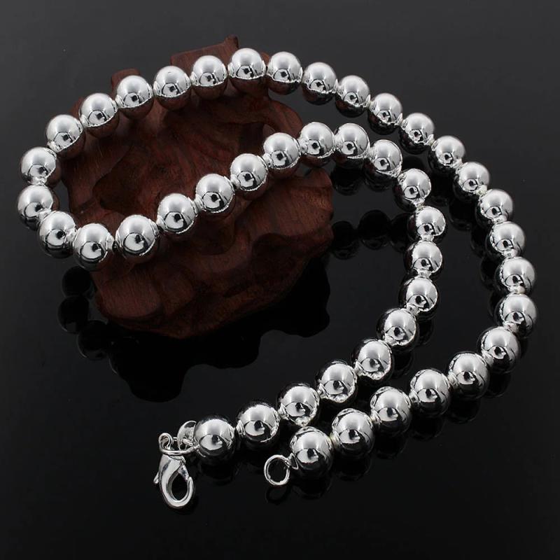 925 Silver Classic 10MM Beads Chain Necklace for Women