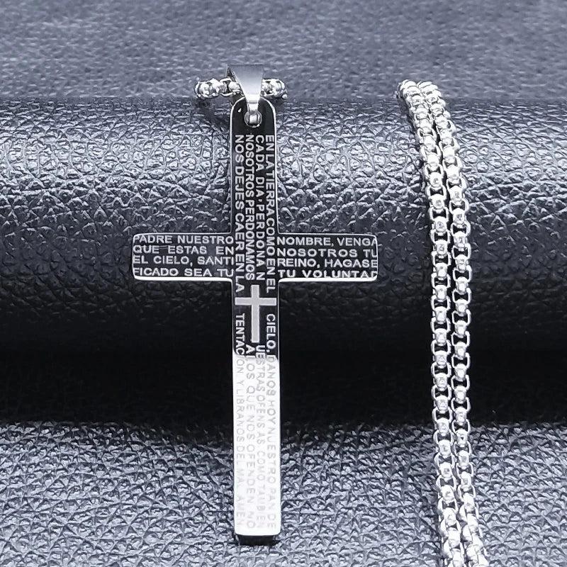 Spanish Lord's Prayer Cross Necklace Stainless Steel