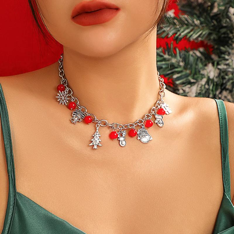 Metal Snowman Deer Pendant Necklace Red Glass Beads Choker