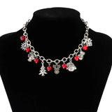 Metal Snowman Deer Pendant Necklace Red Glass Beads Choker