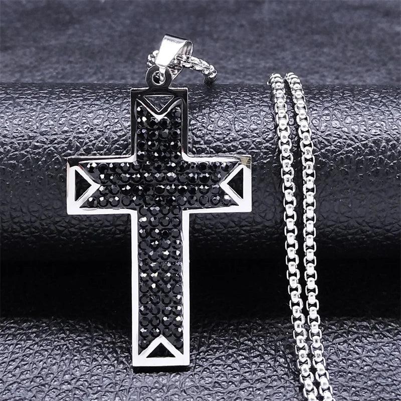 Punk Cross Pendant Necklace Stainless Steel Crystal Christian Men Necklaces