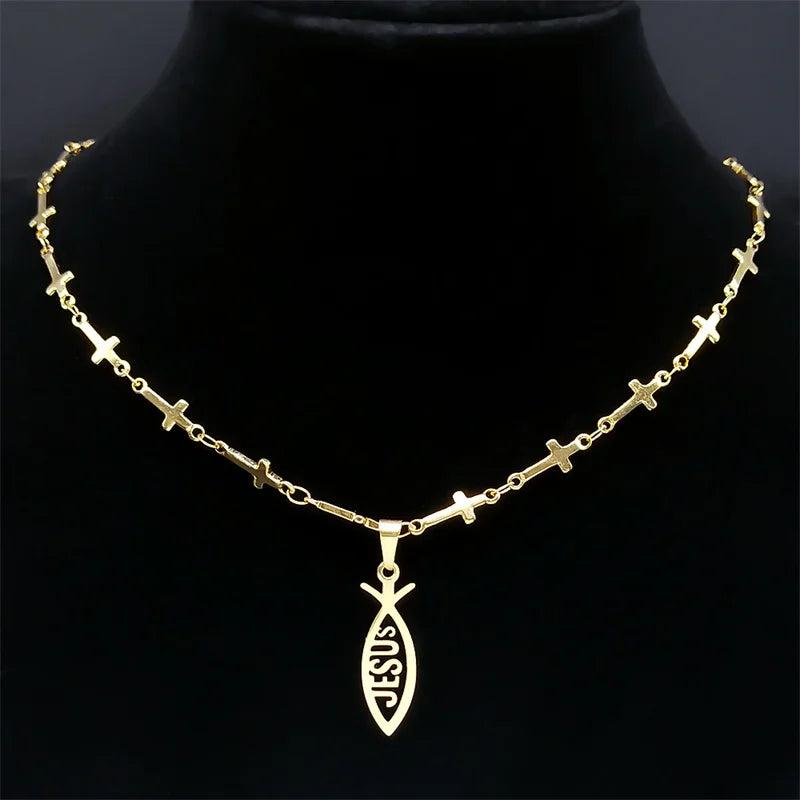 Jesus Ichthys Cross Chain Necklace Stainless Steel