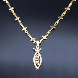 Jesus Ichthys Cross Chain Necklace Stainless Steel