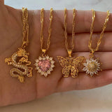 Multicolor Retro Love Heart Necklaces Stainless Steel Chain