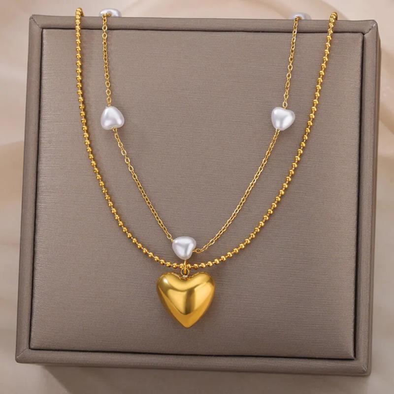Simulated Pearl Heart Necklace Stainless Steel Chain Wedding Jewelry