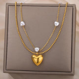 Simulated Pearl Heart Necklace Stainless Steel Chain Wedding Jewelry