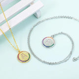 Initials Letter A Round Coin Pendant Name Necklace Rainbow Zircon Collar