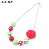 Girls Red Flower Chunky Bubblegum Necklace Jewelry For Child
