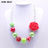 Girls Red Flower Chunky Bubblegum Necklace Jewelry For Child
