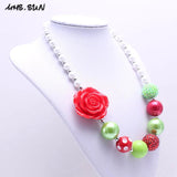 Girls Red Flower Chunky Bubblegum Necklace Jewelry For Child