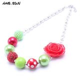 Girls Red Flower Chunky Bubblegum Necklace Jewelry For Child