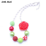 Girls Red Flower Chunky Bubblegum Necklace Jewelry For Child
