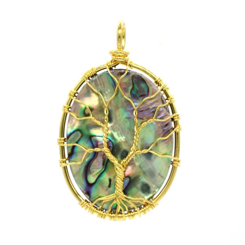 Wire Wrap Abalone Shell Oval Pendant, Light Yellow, Christmas Gift