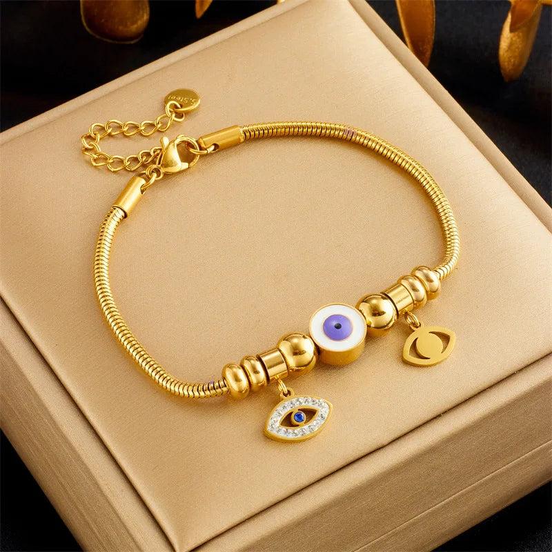 Vintage Eye Beads Charm Bracelet For Women 316L Stainless Steel Bangle