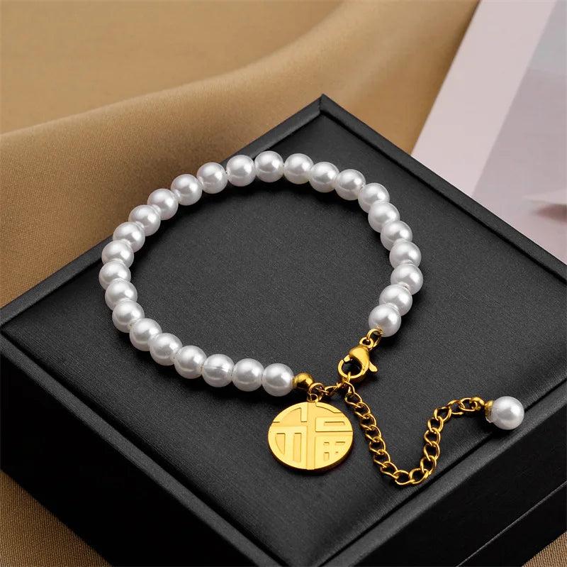 Stainless Steel pearl blessing Bracelet for Women Wedding Christmas Gift