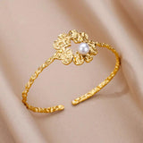 316L Stainless Steel Pearl Flower Bangle Open Bracelet Christmas Jewelry