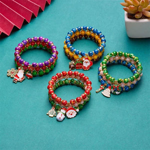 3pc Christmas Beaded Bracelets Women Girls Tree Santa Snowman Pendant Bangles