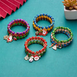 3pc Christmas Beaded Bracelets Women Girls Tree Santa Snowman Pendant Bangles