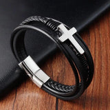 Cross Men's Leather Bracelet Stainless Steel Magnet Bangle Punk Christmas