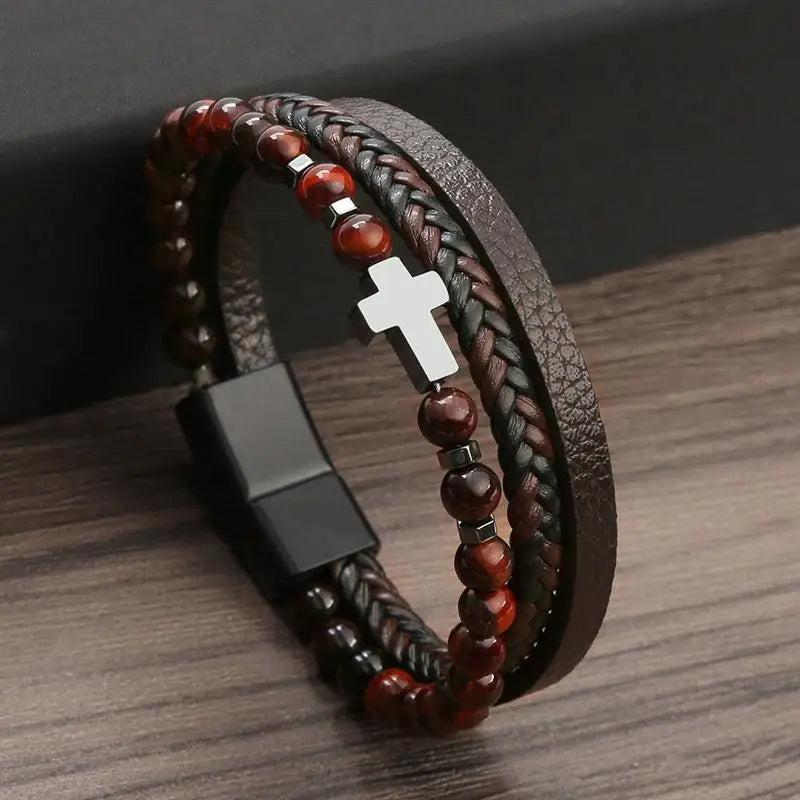 Cross Pendant MultiLayer Leather Bracelet Classic Christian Prayer