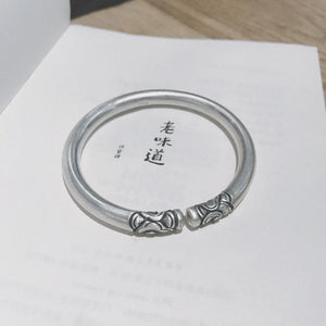 Thai Silver Flower Carved Ladies Bangle Jewelry - No Fade