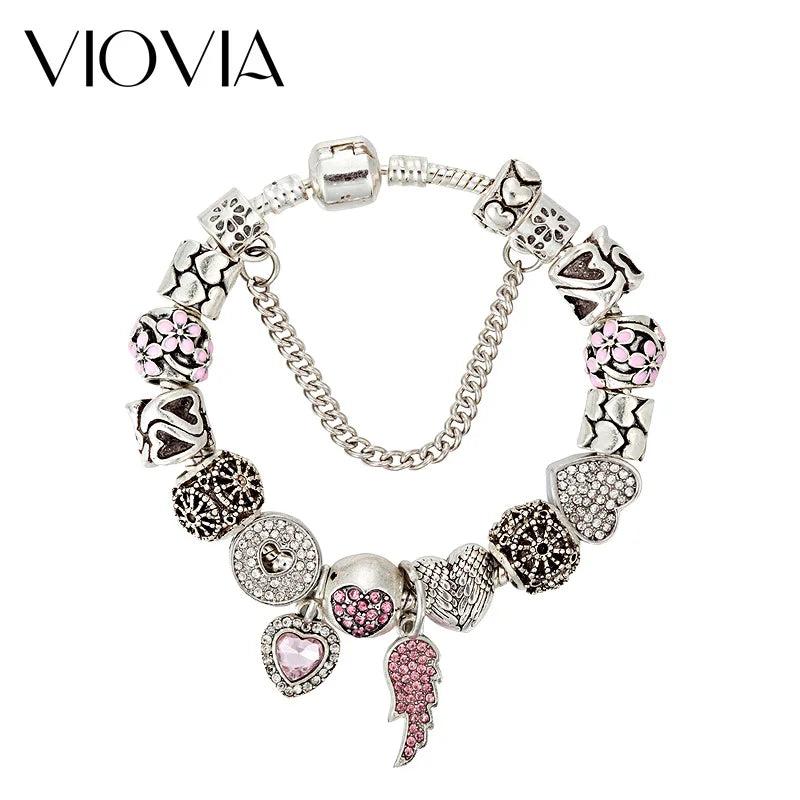 Rhinestone Heart Beads Wing Charm Bracelet - B17044