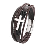 Stainless Steel Clasp Coffee Cross Leather Bracelet for Men Women