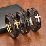 Stainless Steel Clasp Coffee Cross Leather Bracelet for Men Women