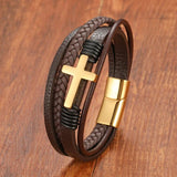 Stainless Steel Clasp Coffee Cross Leather Bracelet for Men Women