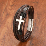 Stainless Steel Clasp Coffee Cross Leather Bracelet for Men Women