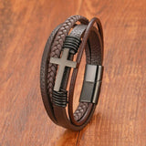 Stainless Steel Clasp Coffee Cross Leather Bracelet for Men Women