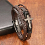 Stainless Steel Clasp Coffee Cross Leather Bracelet for Men Women