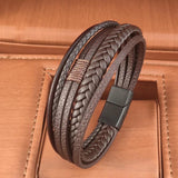Brown Leather Bracelet Stainless Steel Magnet Bangle Men's Punk Christmas