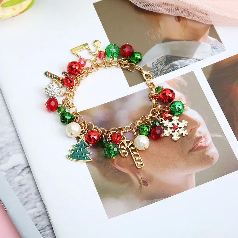 Christmas Beaded Bracelet Snowflake Bells Pendant Bracelet Xmas