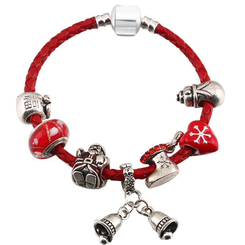 Vintage Charm Bracelet Red Santa Claus Beads Leather Chain Jewelry Gift