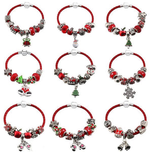Vintage Charm Bracelet Red Santa Claus Beads Leather Chain Jewelry Gift