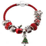 Vintage Charm Bracelet Red Santa Claus Beads Leather Chain Jewelry Gift