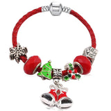 Vintage Charm Bracelet Red Santa Claus Beads Leather Chain Jewelry Gift
