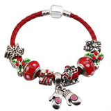 Vintage Charm Bracelet Red Santa Claus Beads Leather Chain Jewelry Gift