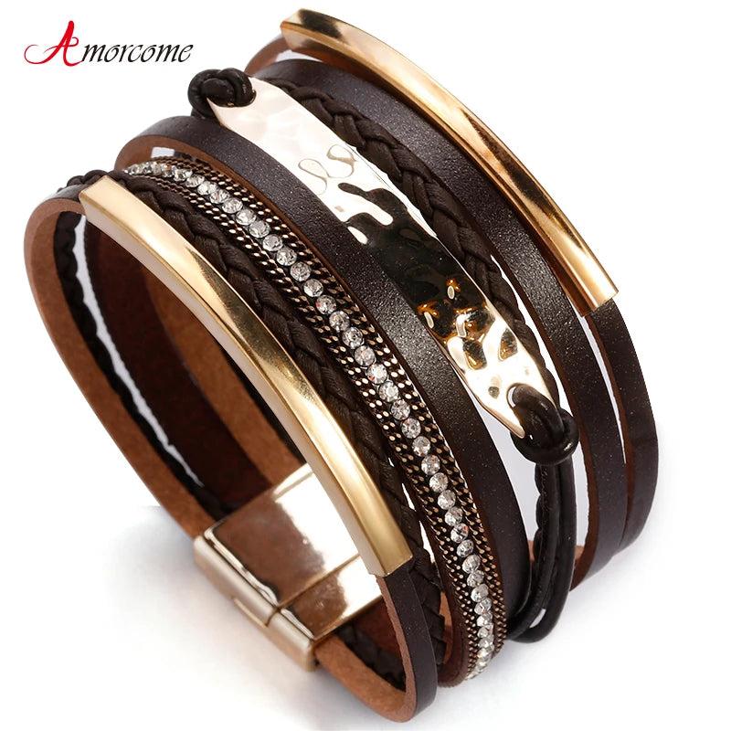 Metal Bar Charm Leather Bracelet for Women Multilayer Boho Rope Wide